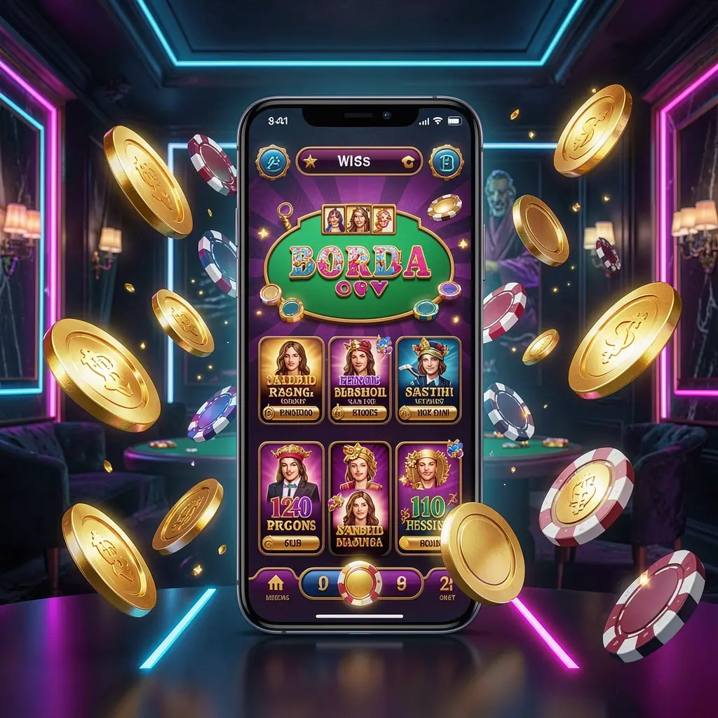 RM555 online casino mobile app hero banner showing a modern smartphone with a glowing casino interface, golden coins and poker chips flying around against a dark luxury background with neon accents