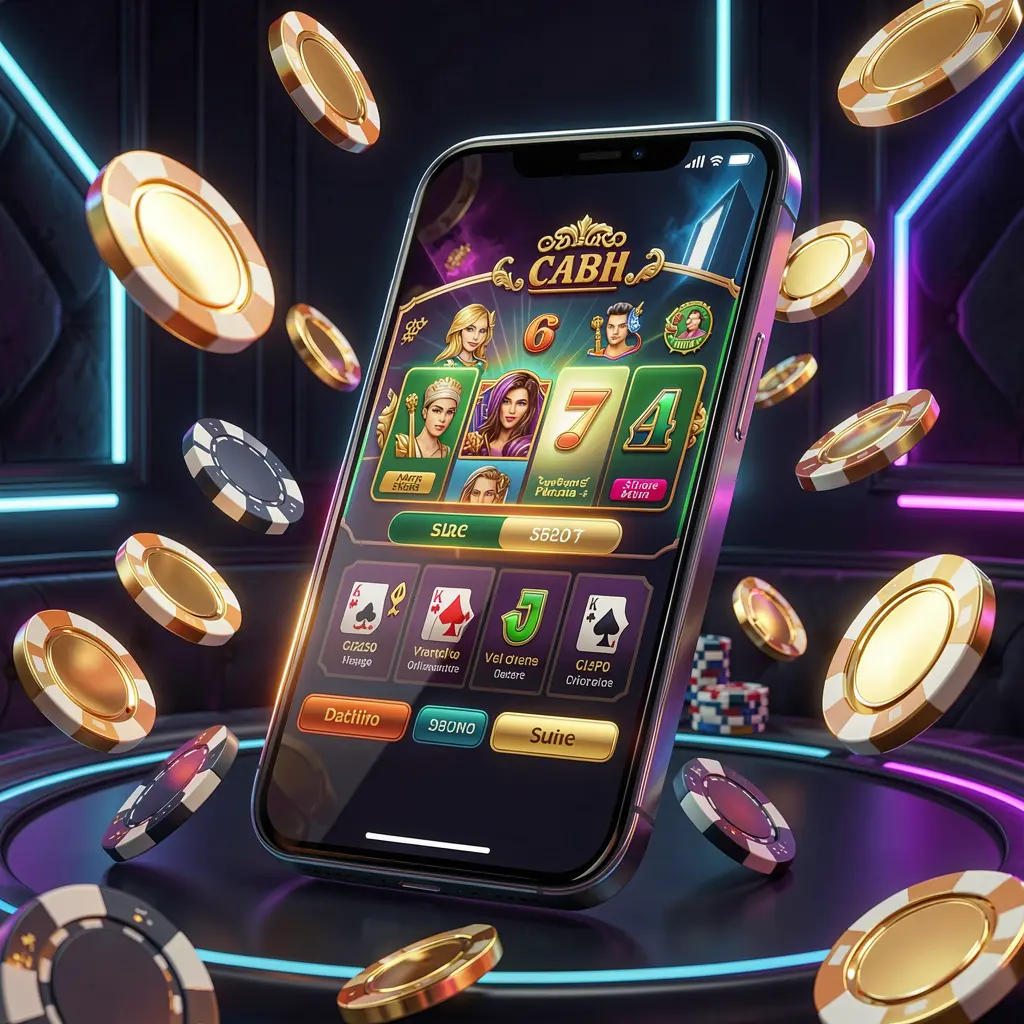 RM555 online casino mobile app hero banner featuring a modern smartphone with a glowing casino interface, golden coins and poker chips flying around against a dark luxury background with neon accents