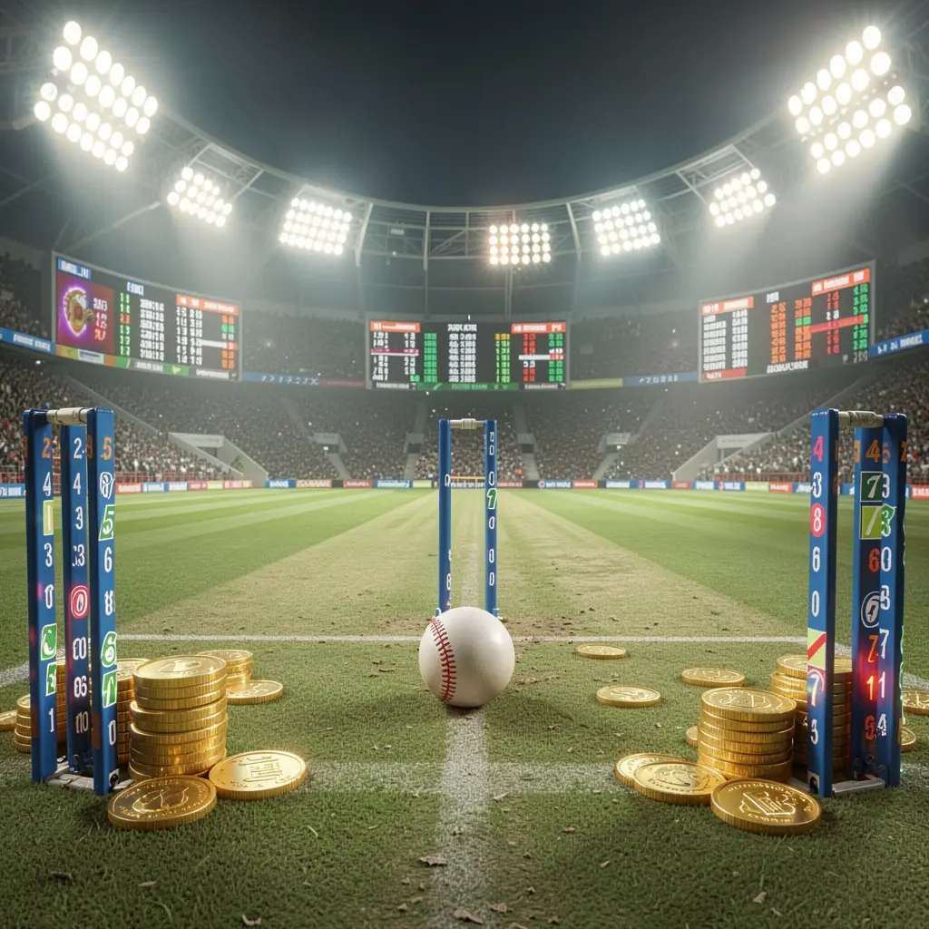 Live cricket betting scene featuring a cricket pitch under bright stadium lights with wickets, ball, golden coins, and glowing odds panels, showcasing RM555 brand in a cinematic realistic render Live cricket betting scene featuring a cricket pitch under bright stadium lights with wickets, ball, golden coins, and glowing odds panels, showcasing RM555 brand in a cinematic realistic render