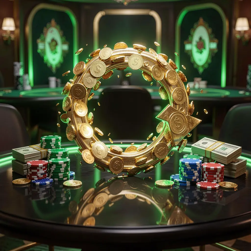 RM555 casino cashback bonus visual featuring golden coins returning in a circular arrow motion with poker chips and cash bundles on a glossy dark table illuminated by glowing green and gold accents in a premium online casino style RM555 casino cashback bonus visual featuring golden coins returning in a circular arrow motion with poker chips and cash bundles on a glossy dark table illuminated by glowing green and gold accents in a premium online casino style