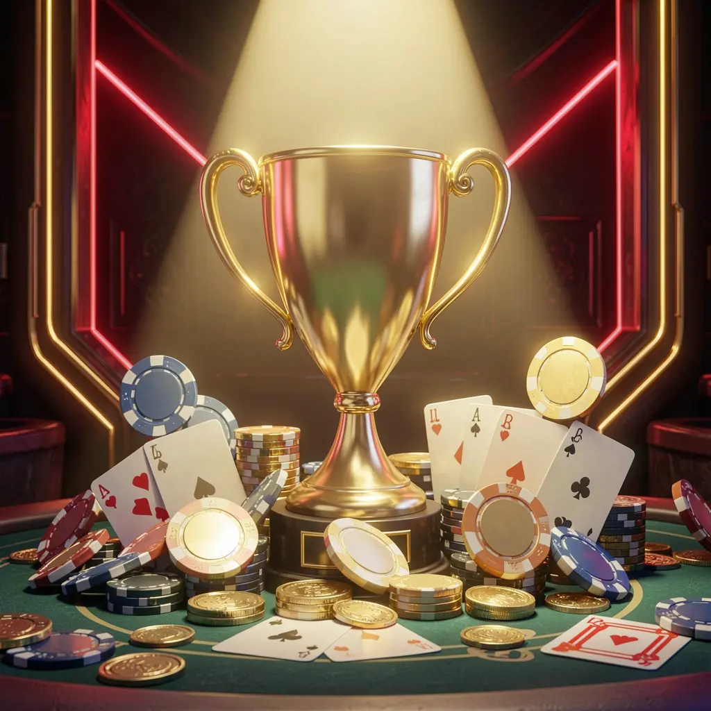 Golden trophy surrounded by poker chips, playing cards, and coins under bright spotlight in a competitive luxury casino atmosphere with red and gold neon accents, featuring RM555 branding Golden trophy surrounded by poker chips, playing cards, and coins under bright spotlight in a competitive luxury casino atmosphere with red and gold neon accents, featuring RM555 branding