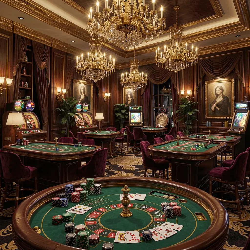 RM555 high-end casino lobby featuring golden lights, roulette tables with chips and cards, elegant premium design against a dark cinematic background in an ultra detailed 3D render