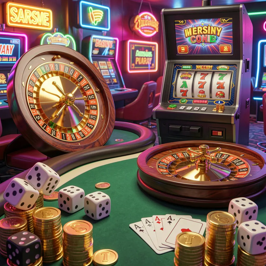 RM555 casino entertainment scene featuring a slot machine, roulette wheel, dice, cards, and golden coins illuminated by colorful neon lights in a premium, exciting atmosphere