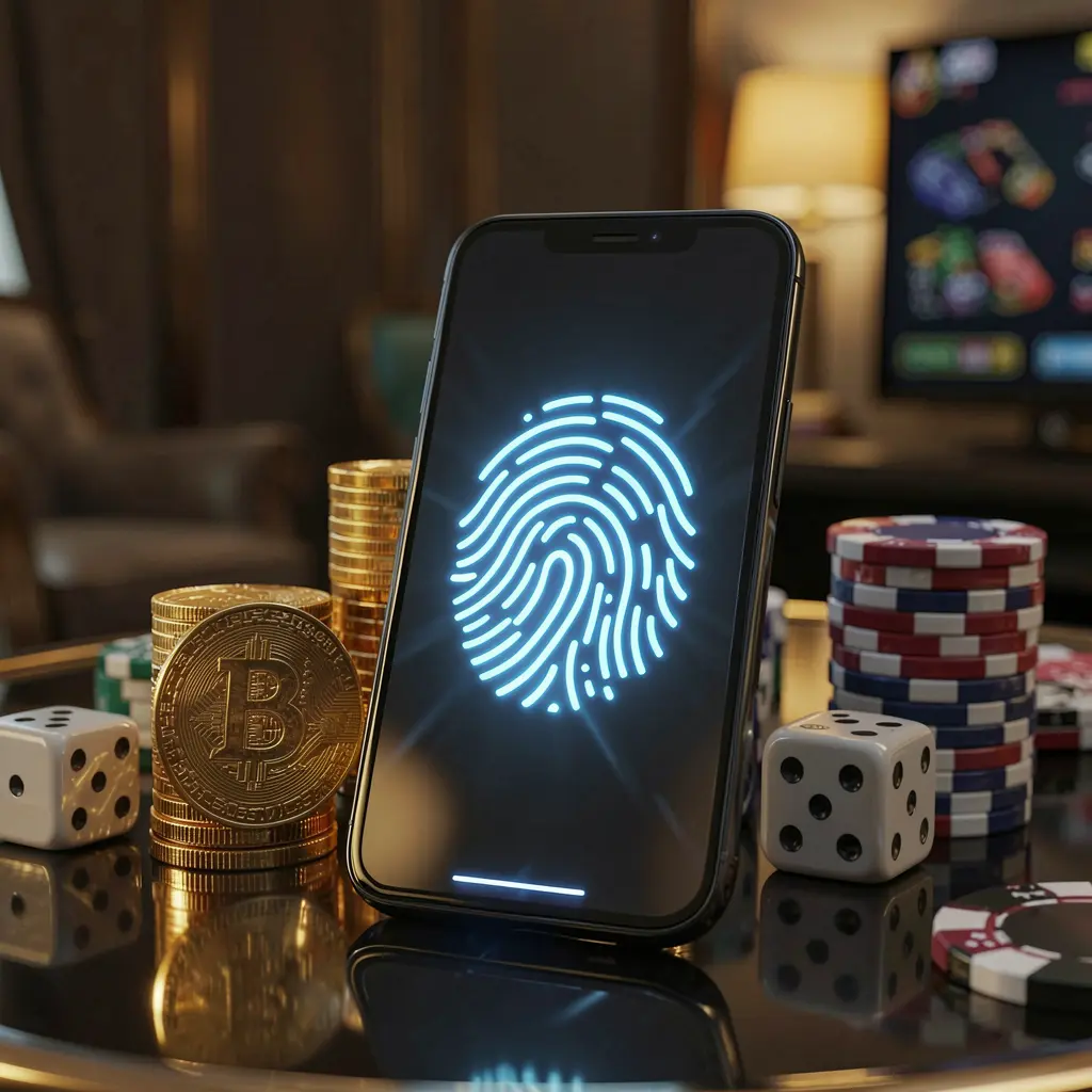 RM555 online gaming account access scene showing a smartphone with a glowing fingerprint icon, golden coins, dice, and poker chips on a glossy table under cinematic lighting