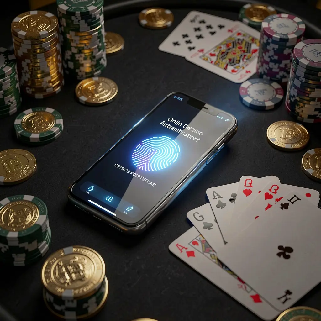 RM555 online casino authentication concept showing a phone with fingerprint scan glow on a premium black table surrounded by poker chips, golden coins, and playing cards in a cinematic 3D render