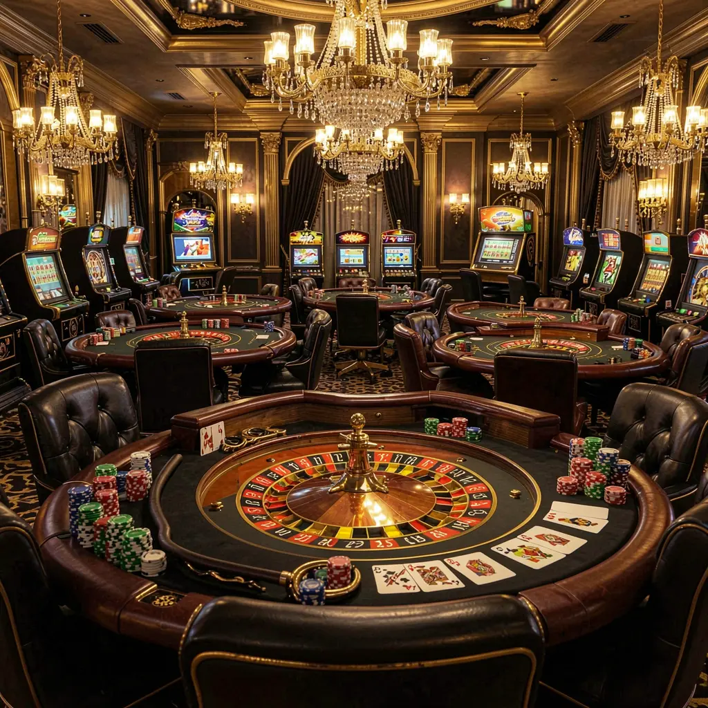 RM555 luxury online casino lobby with glowing roulette tables, golden lights, poker chips and cards in a premium black and gold design RM555 luxury online casino lobby with glowing roulette tables, golden lights, poker chips and cards in a premium black and gold design